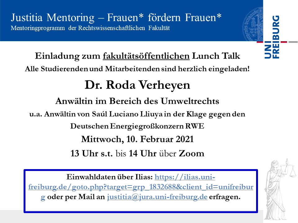 Justitia Mentoring: fakultätsöffentlicher Lunch Talk mit Dr. Roda Verheyen