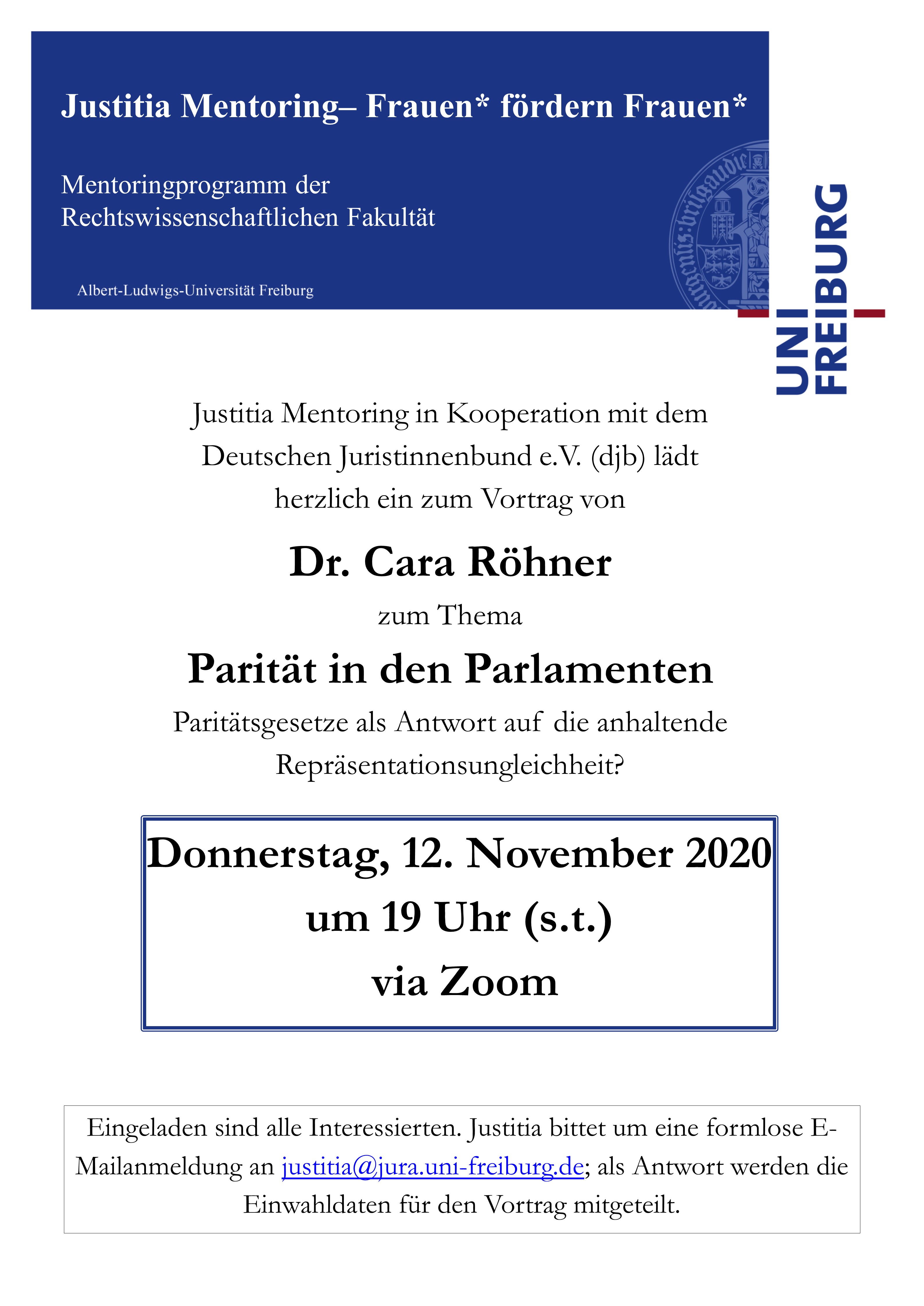 Justitia Mentoring: Online-Vortrag und Diskussion mit Dr. Cara Röhner - Parität in den Parlamenten