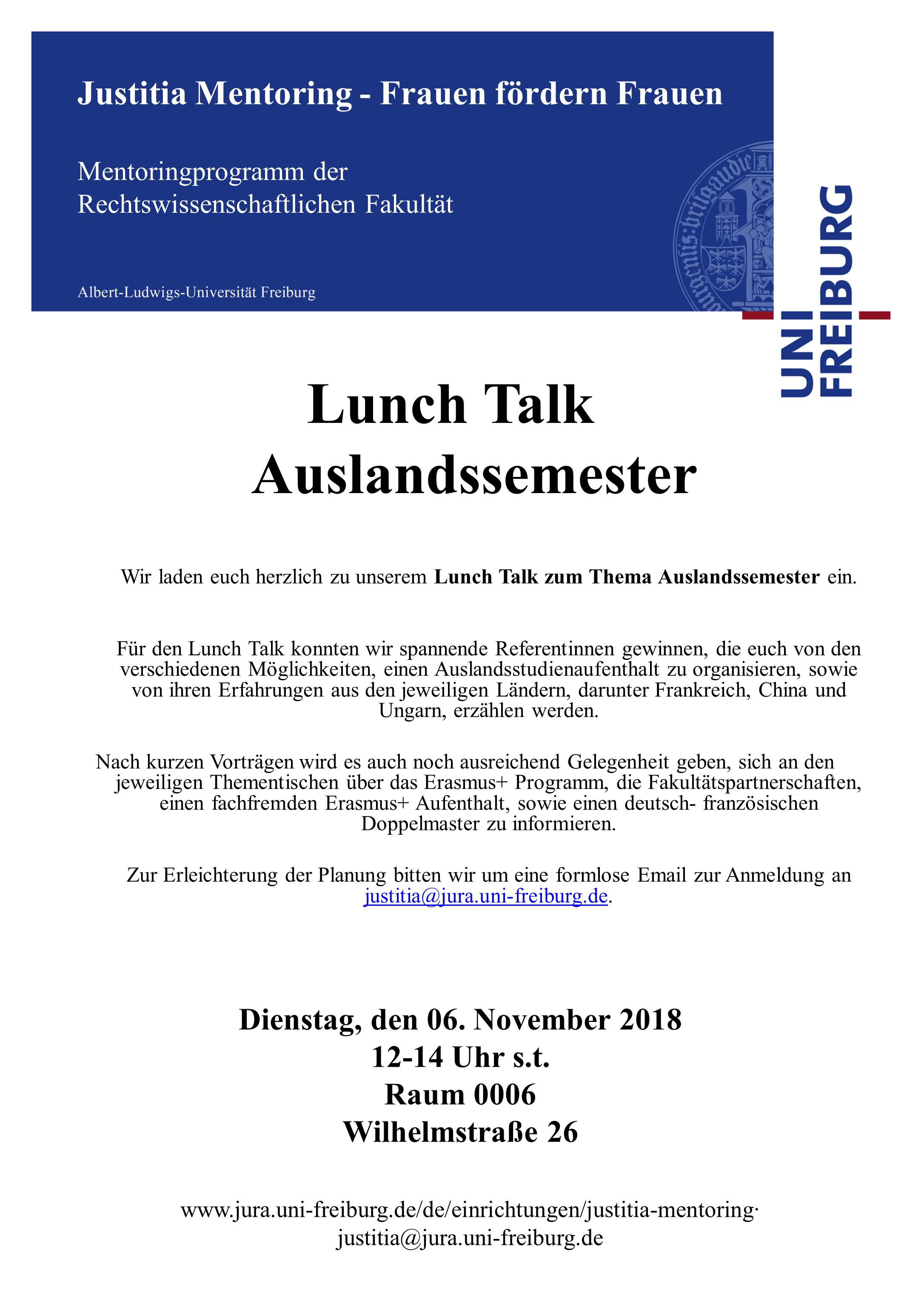 Lunch Talk Auslandssemester am 6.11.2018, 12.00 Uhr